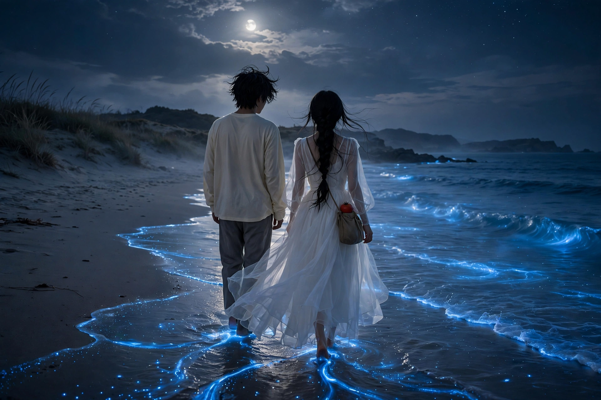 Two people walking barefoot on a bioluminescent glowing beach at night under full moon, woman in white organza dress with side bag and red tomato, man in cream full-sleeve t-shirt, blue waves glowing
